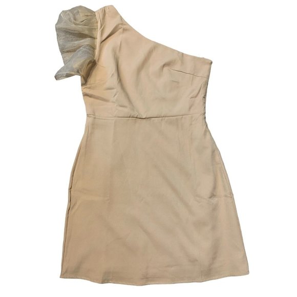 TCEC Lined Beige One Shoulder  Sheer Sleeve Dress Size Large - Picture 1 of 4